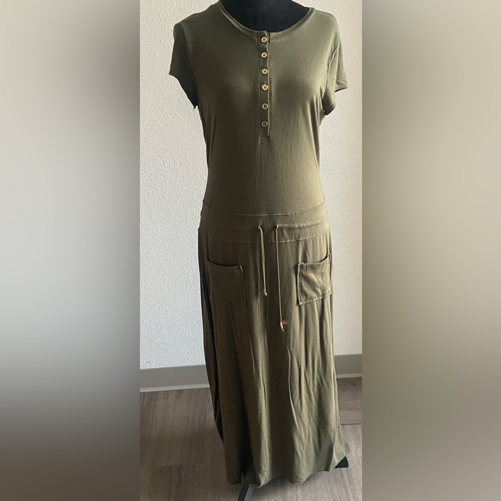 Premise Green Boat Neck Short Sleeve Midi Dress Women's Sz 6 Pull Up Bottom